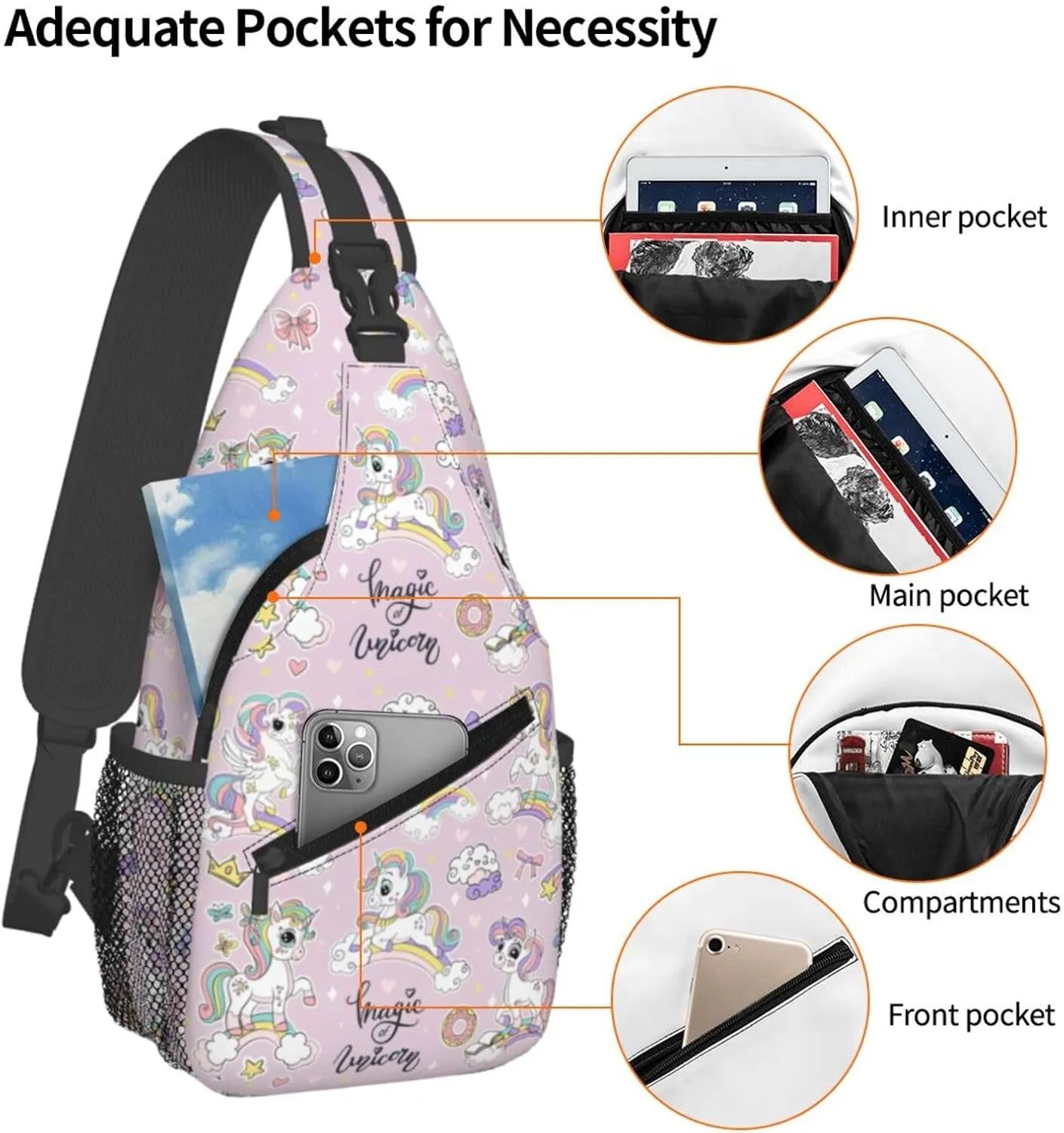 Cute Magic Of Unicorns Chest Sling Bag Crossbody Shoulder Backpack Bag Gym Cycling Daypack Travel Hiking Cross Bag