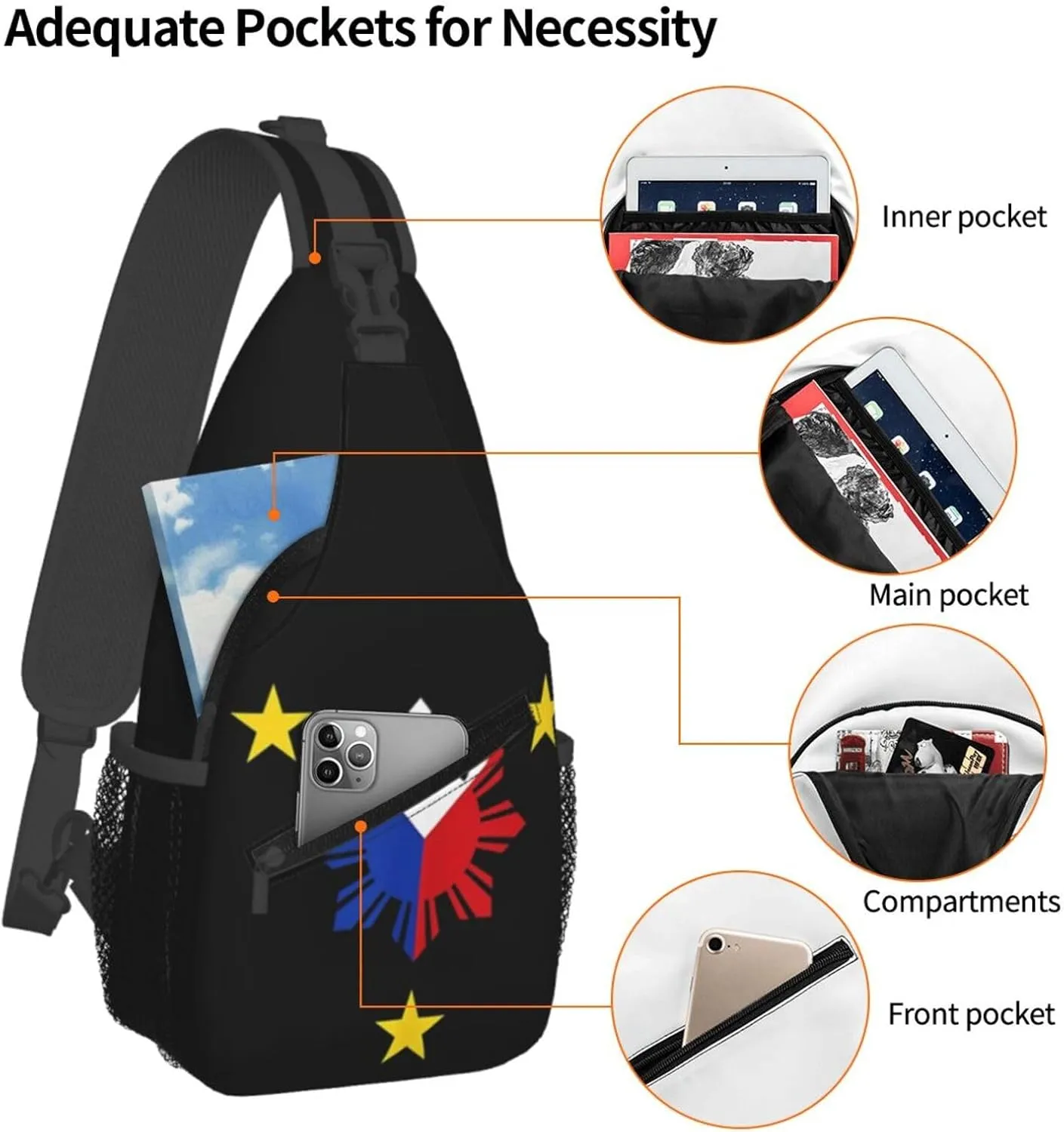 Cute Philippines Flag Sling Backpack,Travel Hiking Daypack Filipino Crossbody Shoulder Bag for Men Women