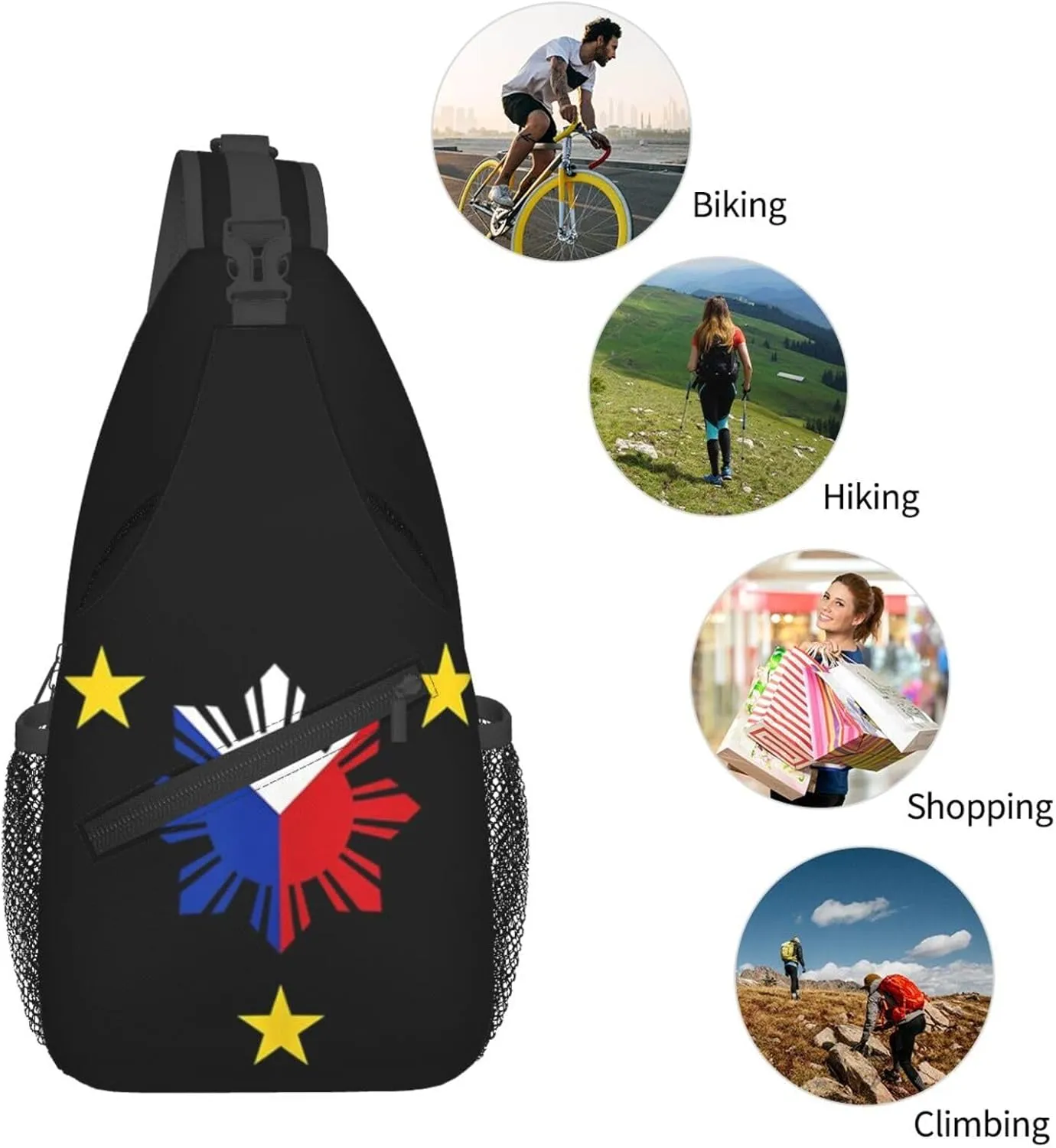 Cute Philippines Flag Sling Backpack,Travel Hiking Daypack Filipino Crossbody Shoulder Bag for Men Women