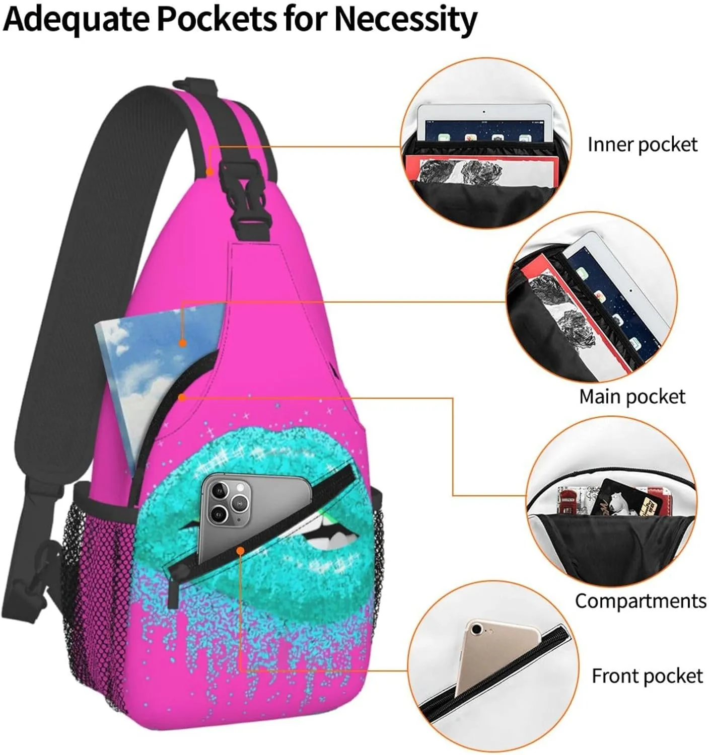Cyan Glitter Nice Lips Chest Sling Bag Crossbody Shoulder Backpack Bag Gym Cycling Daypack Travel Hiking Cross Bag