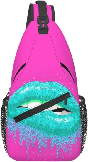 Cyan Glitter Nice Lips Chest Sling Bag Crossbody Shoulder Backpack Bag Gym Cycling Daypack Travel Hiking Cross Bag