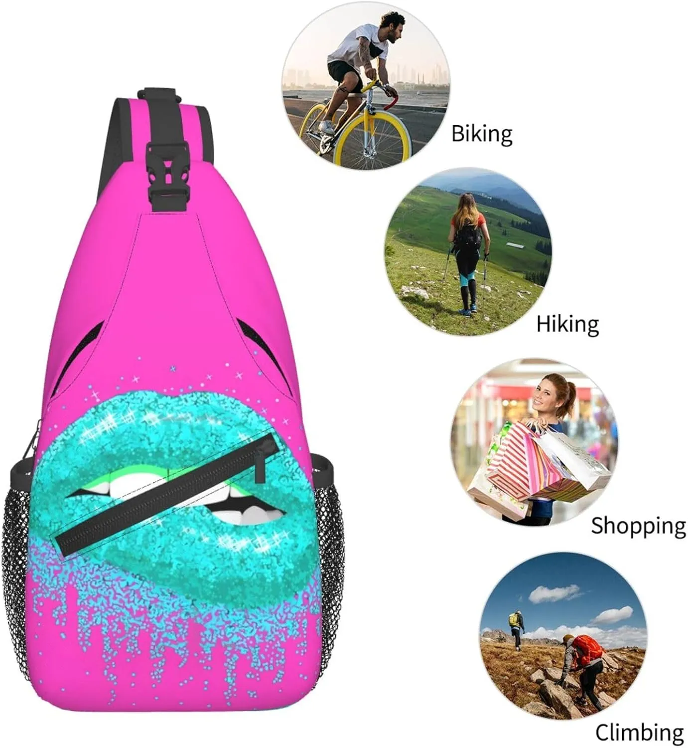 Cyan Glitter Nice Lips Chest Sling Bag Crossbody Shoulder Backpack Bag Gym Cycling Daypack Travel Hiking Cross Bag