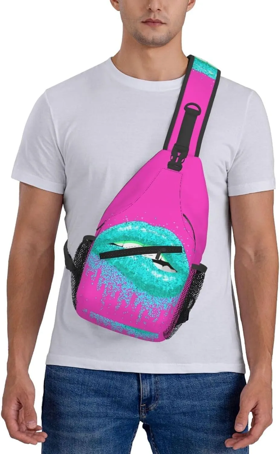 Cyan Glitter Nice Lips Chest Sling Bag Crossbody Shoulder Backpack Bag Gym Cycling Daypack Travel Hiking Cross Bag