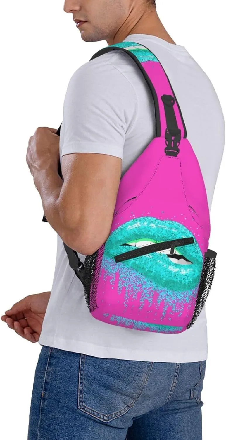 Cyan Glitter Nice Lips Chest Sling Bag Crossbody Shoulder Backpack Bag Gym Cycling Daypack Travel Hiking Cross Bag