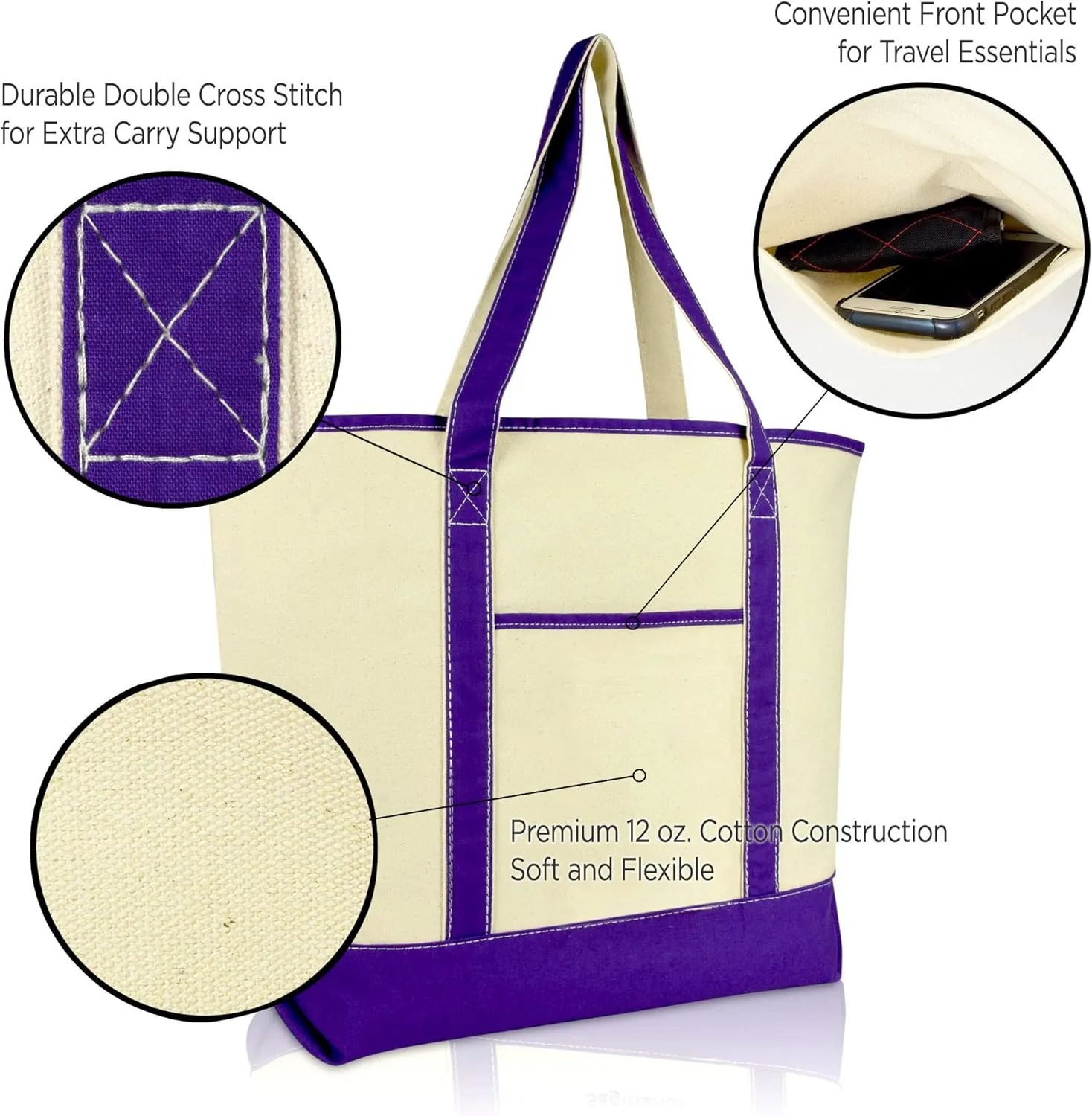 DALIX Women's Canvas Tote Bag Shoulder Bags Open Top Purple Monogram A-Z