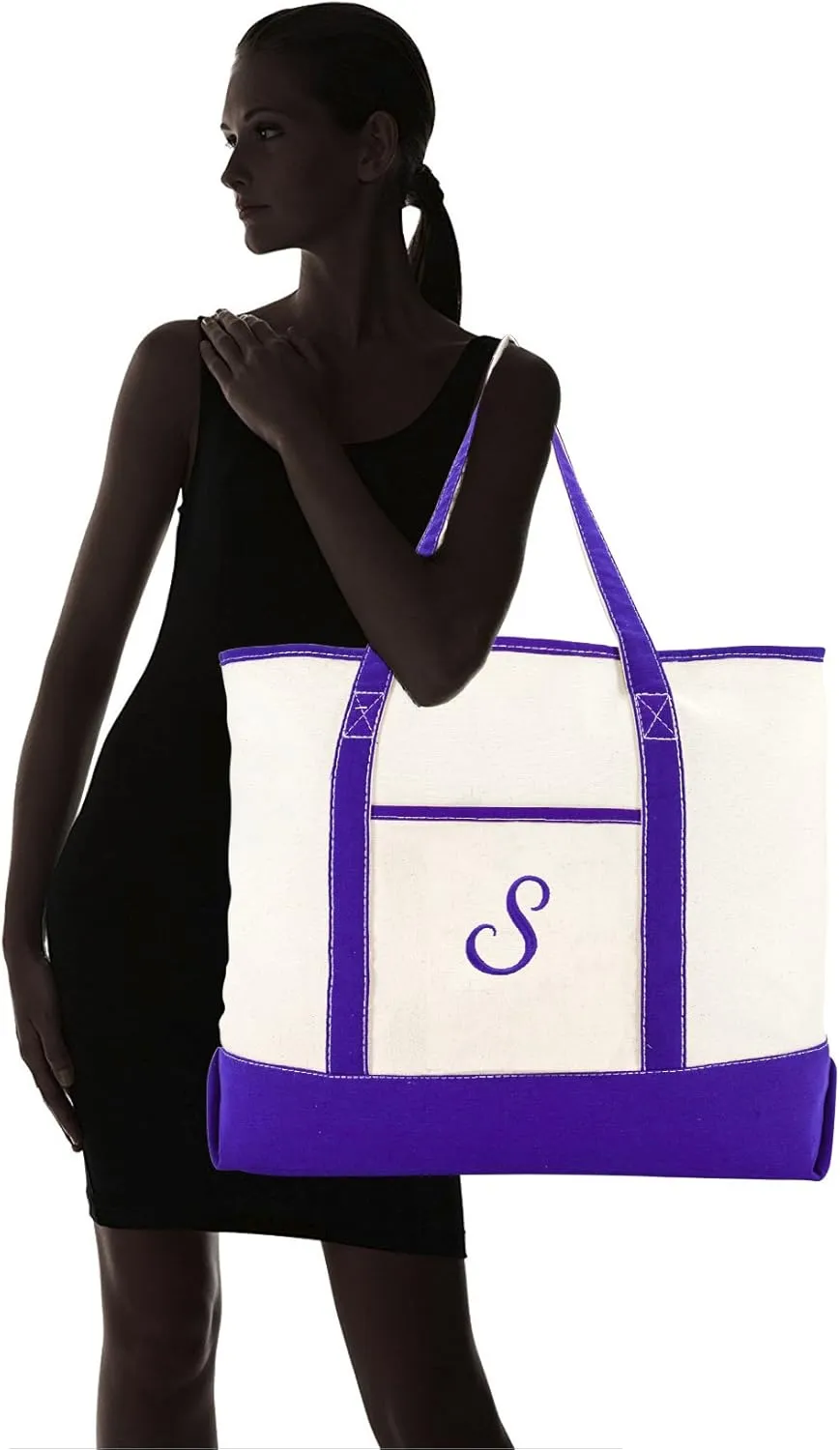 DALIX Women's Canvas Tote Bag Shoulder Bags Open Top Purple Monogram A-Z