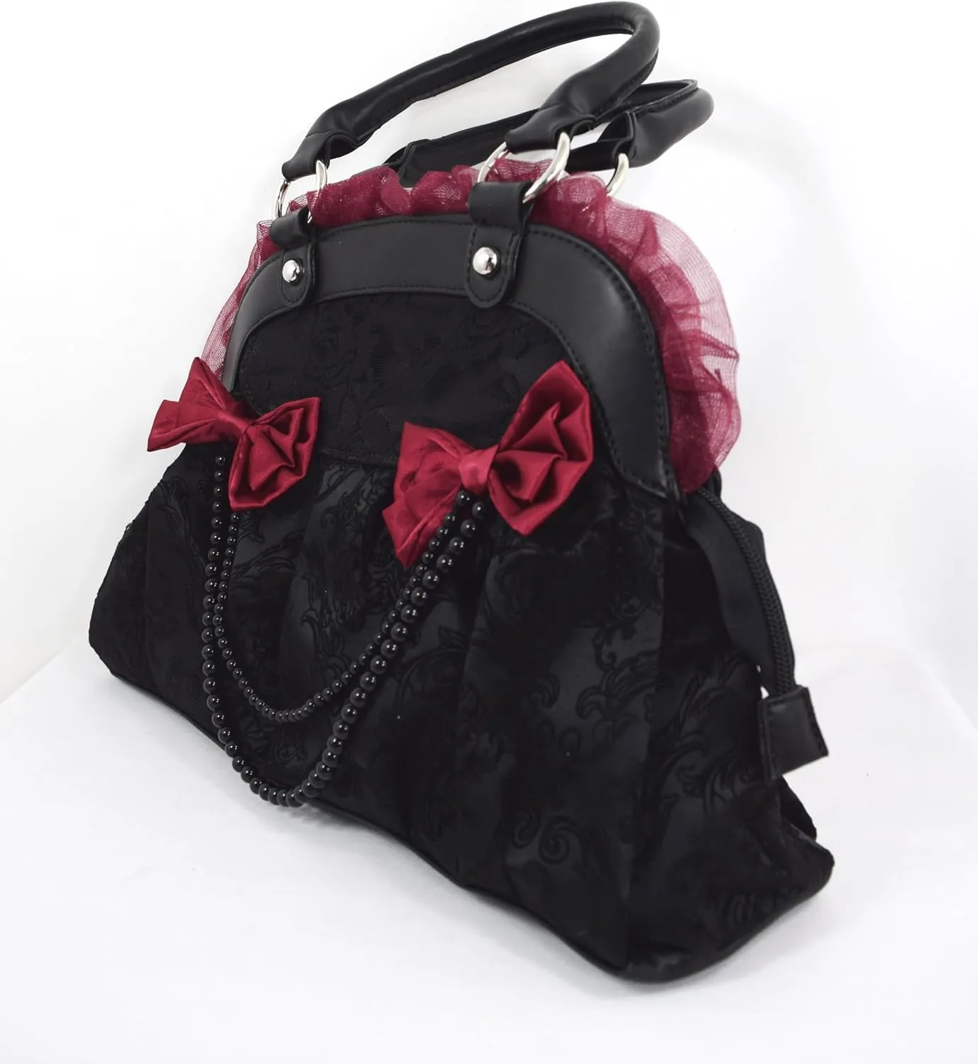 Dark Doll Gothic Lolita Flocked Skulls with Bows and Lace Bag Purse