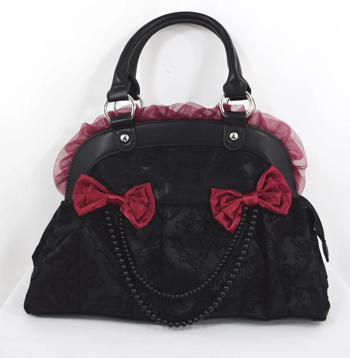 Dark Doll Gothic Lolita Flocked Skulls with Bows and Lace Bag Purse