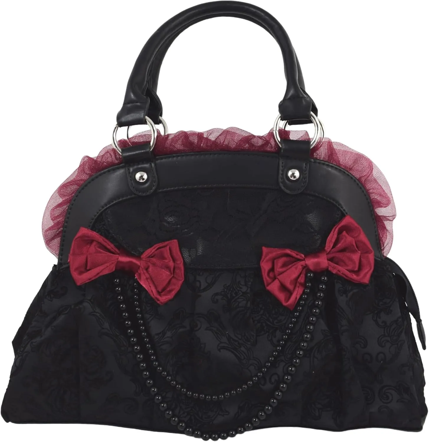 Dark Doll Gothic Lolita Flocked Skulls with Bows and Lace Bag Purse