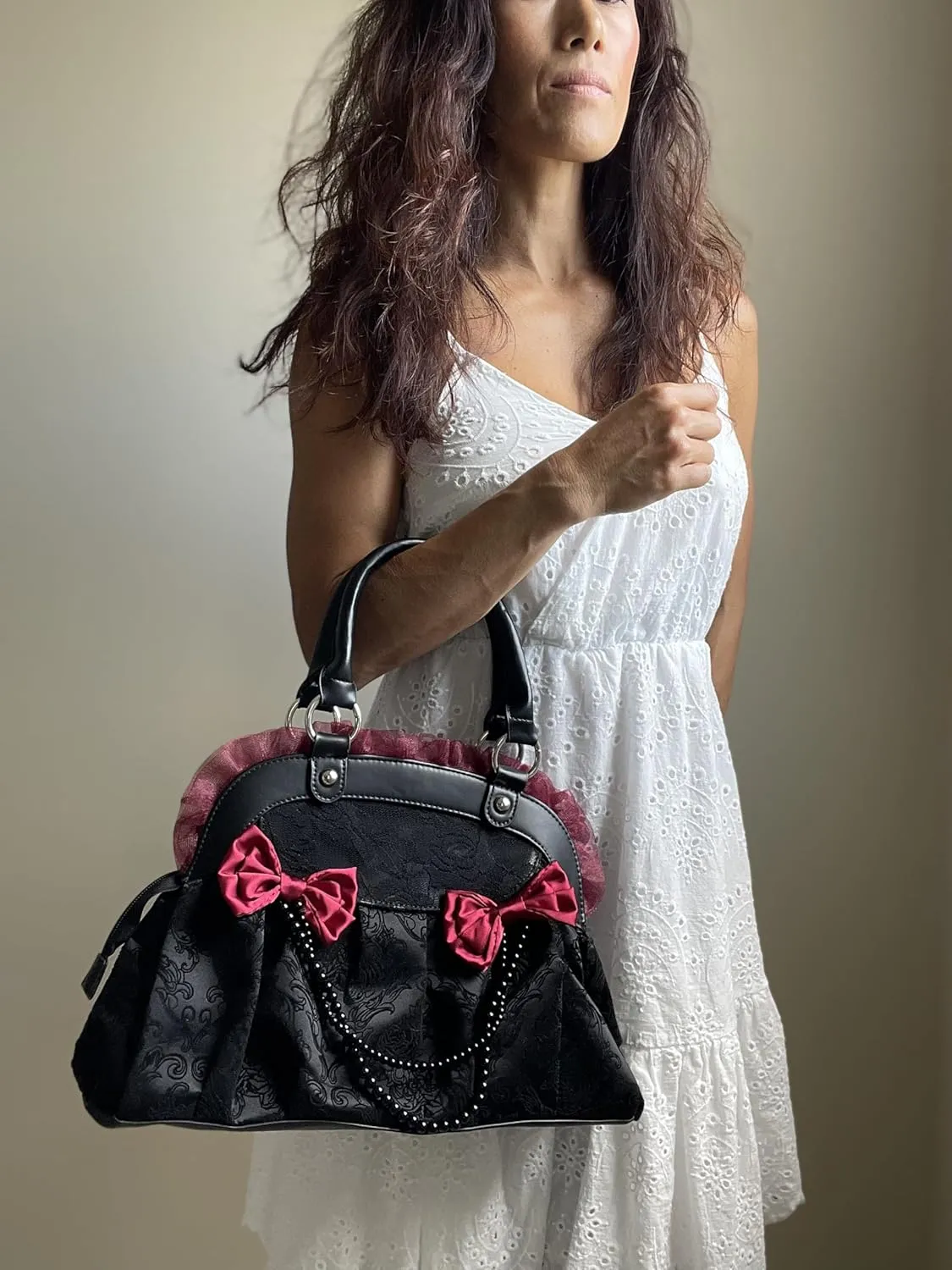 Dark Doll Gothic Lolita Flocked Skulls with Bows and Lace Bag Purse