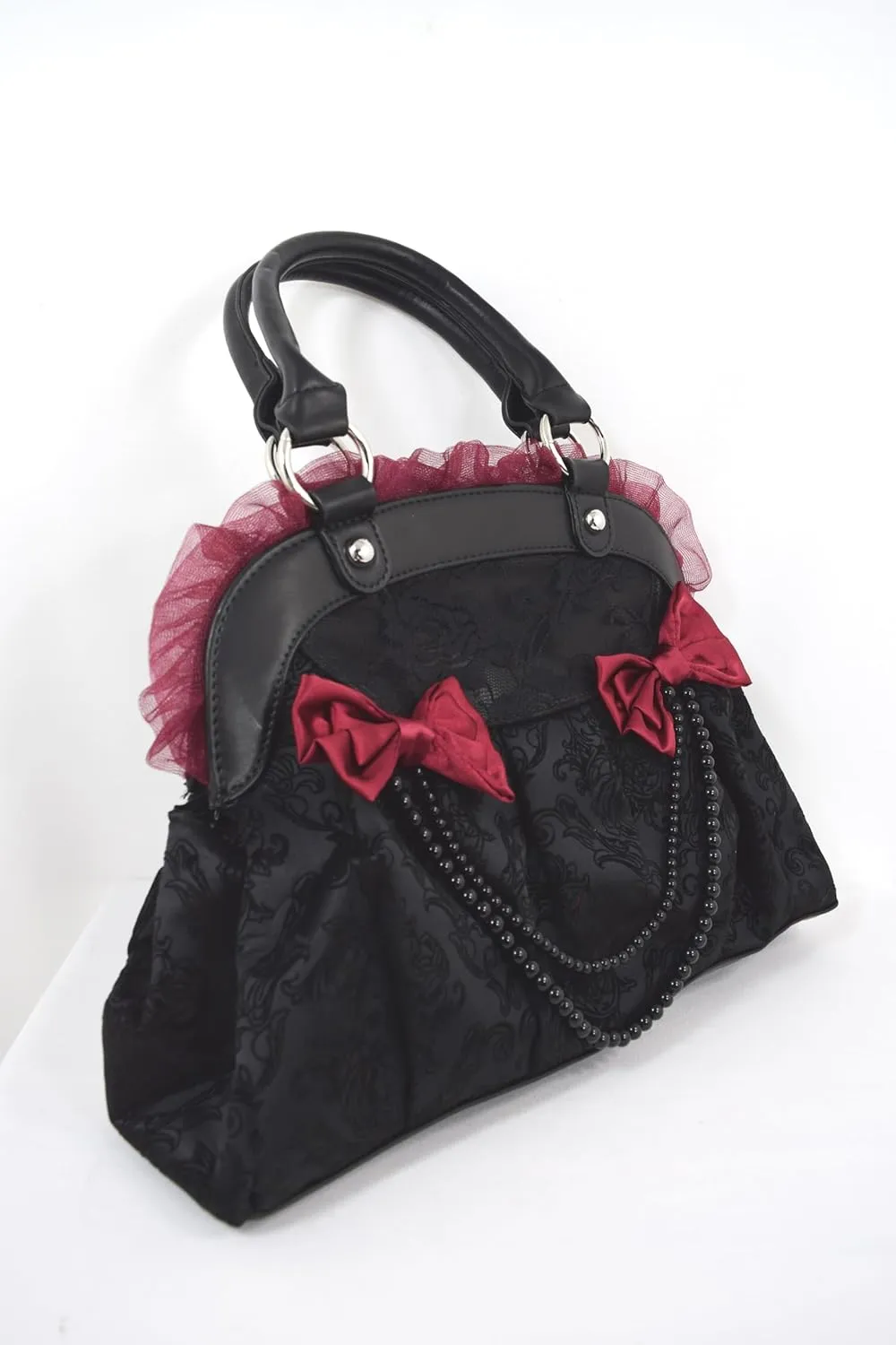 Dark Doll Gothic Lolita Flocked Skulls with Bows and Lace Bag Purse
