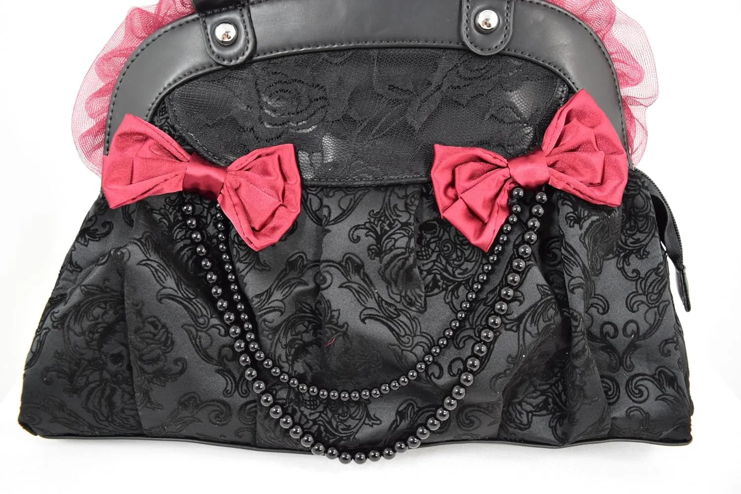 Dark Doll Gothic Lolita Flocked Skulls with Bows and Lace Bag Purse