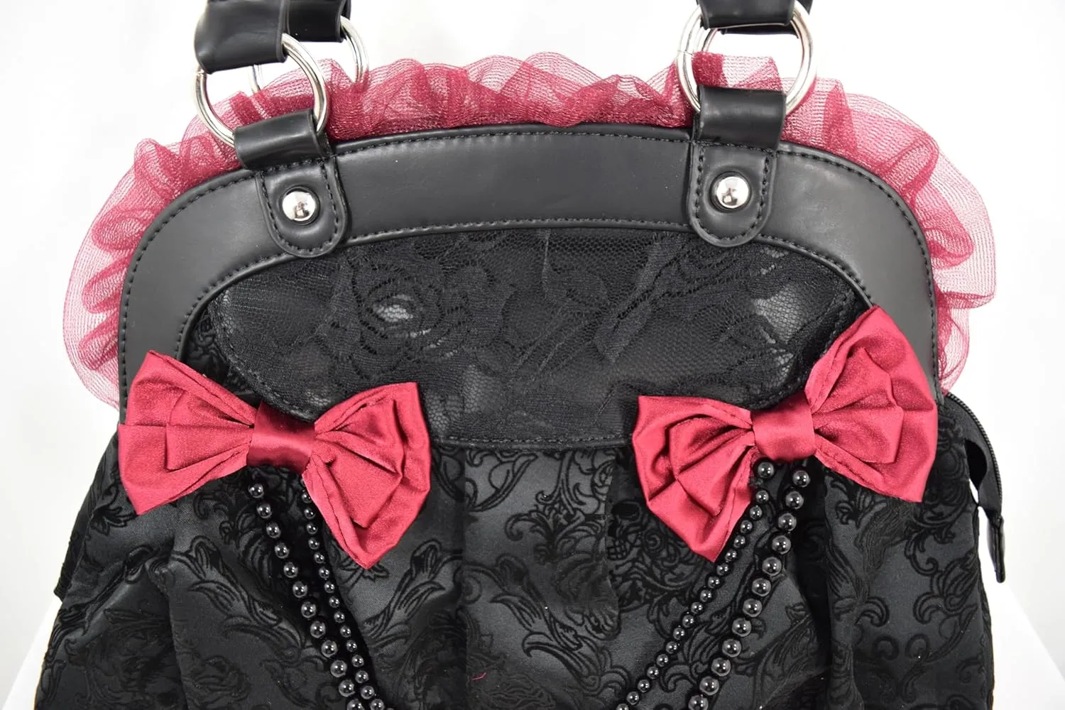 Dark Doll Gothic Lolita Flocked Skulls with Bows and Lace Bag Purse