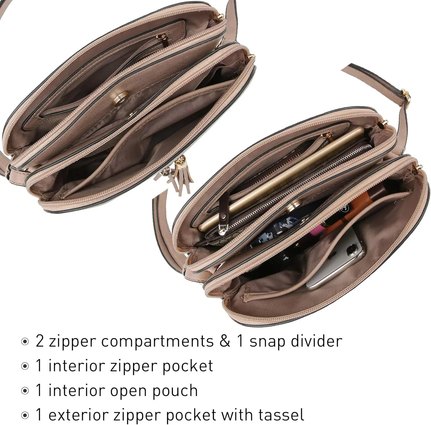 Dasein Women Tassel Zipper Pocket Crossbody Bag Shoulder Purse Fashion Travel Bag with Multi Pockets