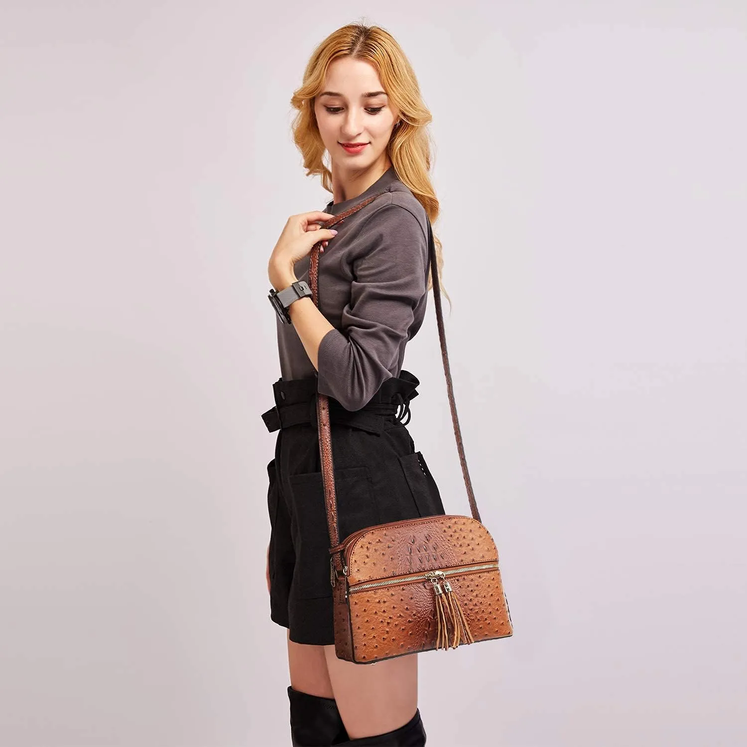 Dasein Women Tassel Zipper Pocket Crossbody Bag Shoulder Purse Fashion Travel Bag with Multi Pockets