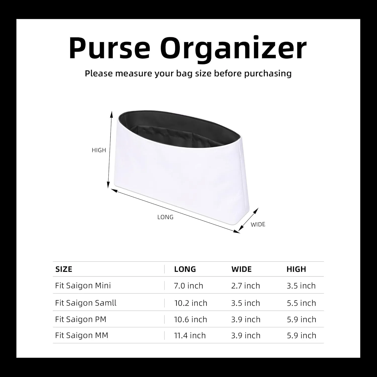 DGAZ Lightweight Purse Organizer Insert for Goyard Saigon Bag,silk and DupontPaper handbag inner for Luxury Bags(Black,Saigon Mini)