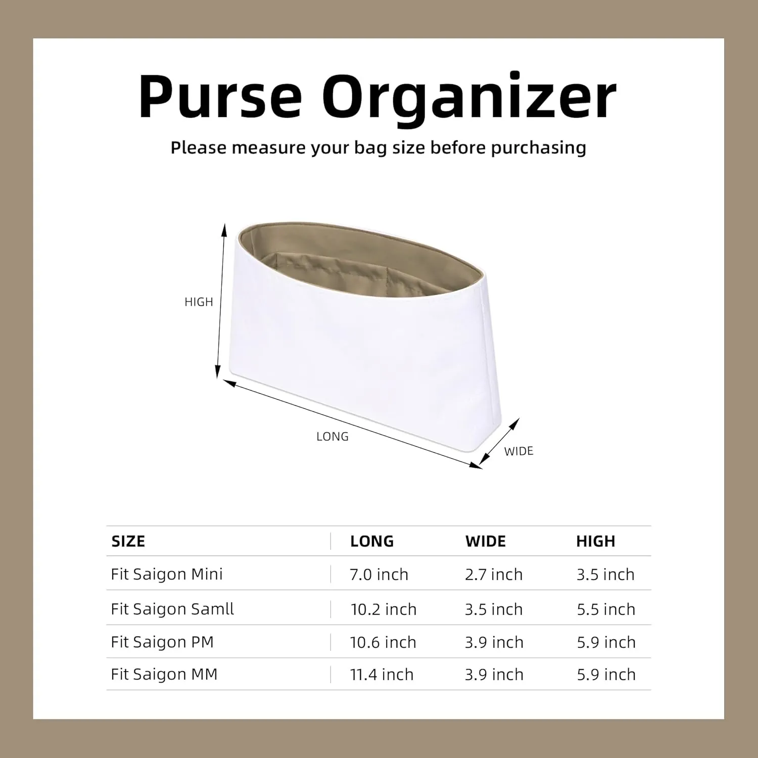 DGAZ Lightweight Purse Organizer Insert for Goyard Saigon Bag,silk and DupontPaper handbag inner for Luxury Bags(Gris tourterelle,Saigon Mini)