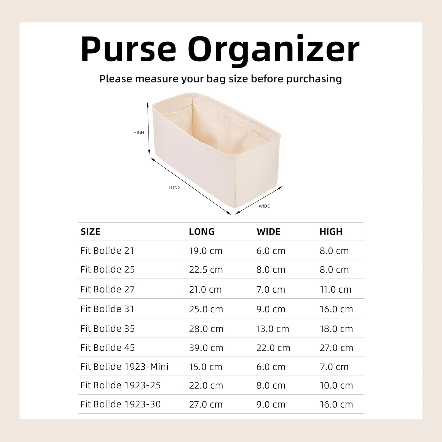 DGAZ Silk Purse Organizer Insert Fits Bolide 1923mini/25/27/31/35,Silky Smooth Bag Organizer，Luxury Handbag & Tote Shaper(Craie,Bolide31)