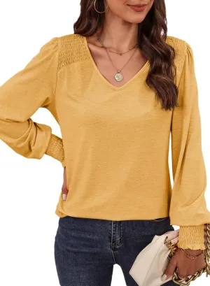 Dokotoo Women's Casual Long Sleeve Shirts Shirred Shoulders Solid Color Knit Tops Blouses