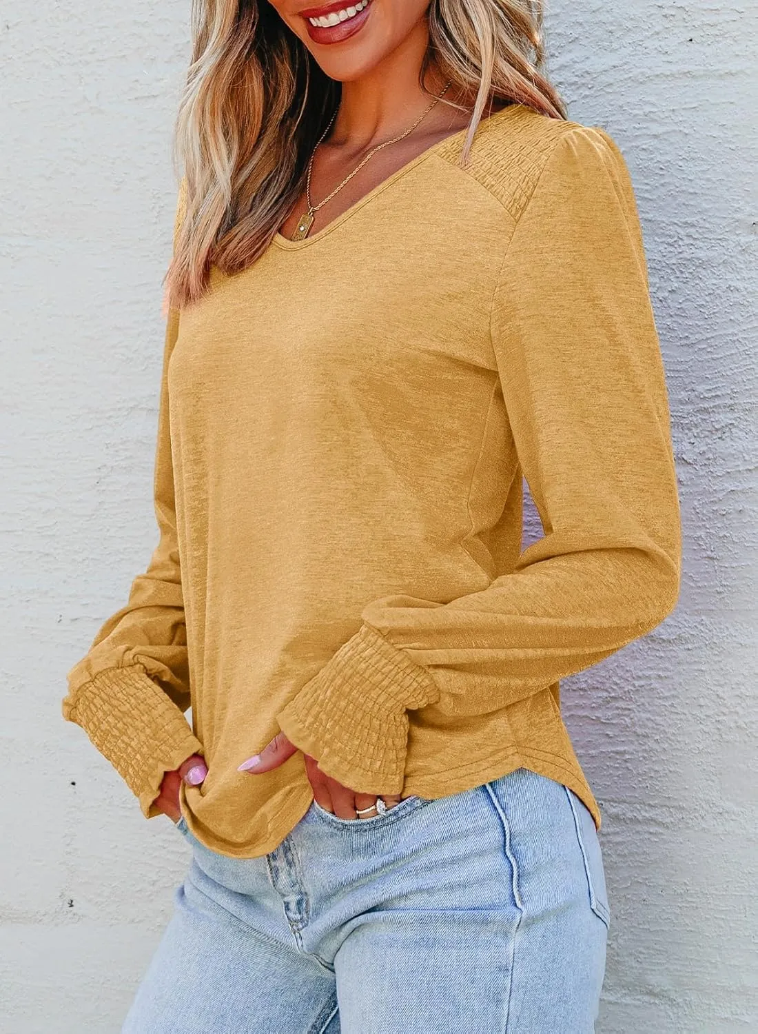 Dokotoo Women's Casual Long Sleeve Shirts Shirred Shoulders Solid Color Knit Tops Blouses