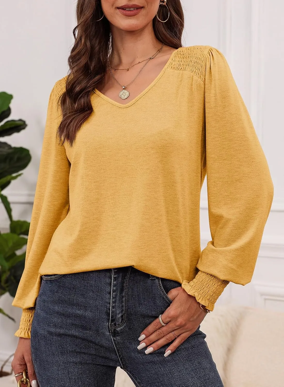 Dokotoo Women's Casual Long Sleeve Shirts Shirred Shoulders Solid Color Knit Tops Blouses