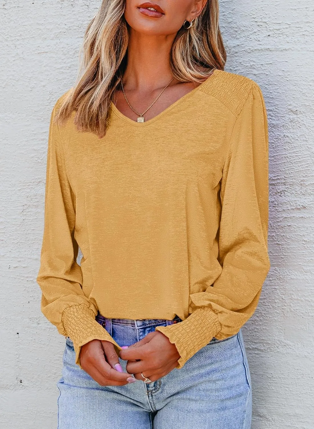 Dokotoo Women's Casual Long Sleeve Shirts Shirred Shoulders Solid Color Knit Tops Blouses