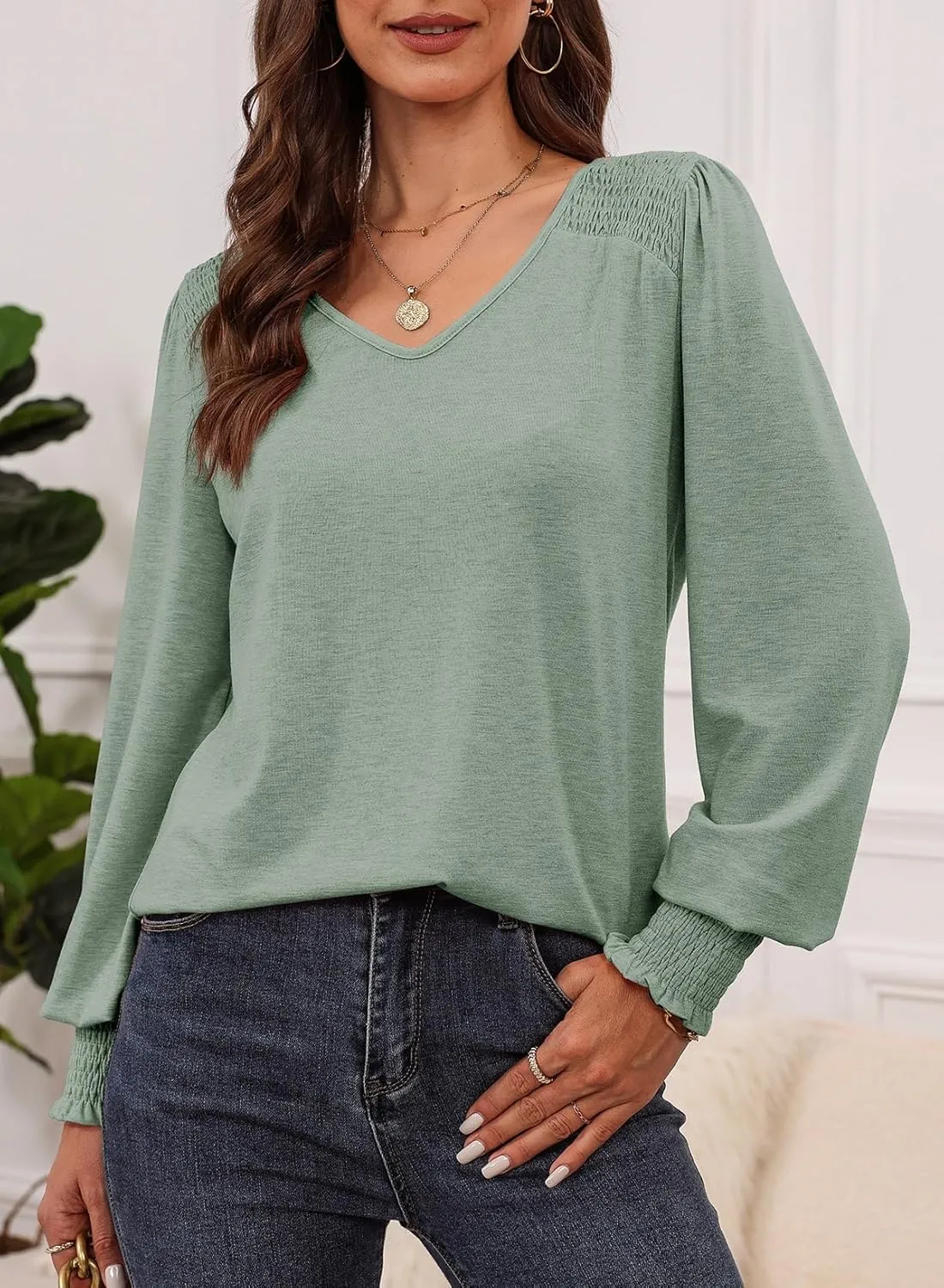 Dokotoo Women's Casual Long Sleeve Shirts Shirred Shoulders Solid Color Knit Tops Blouses
