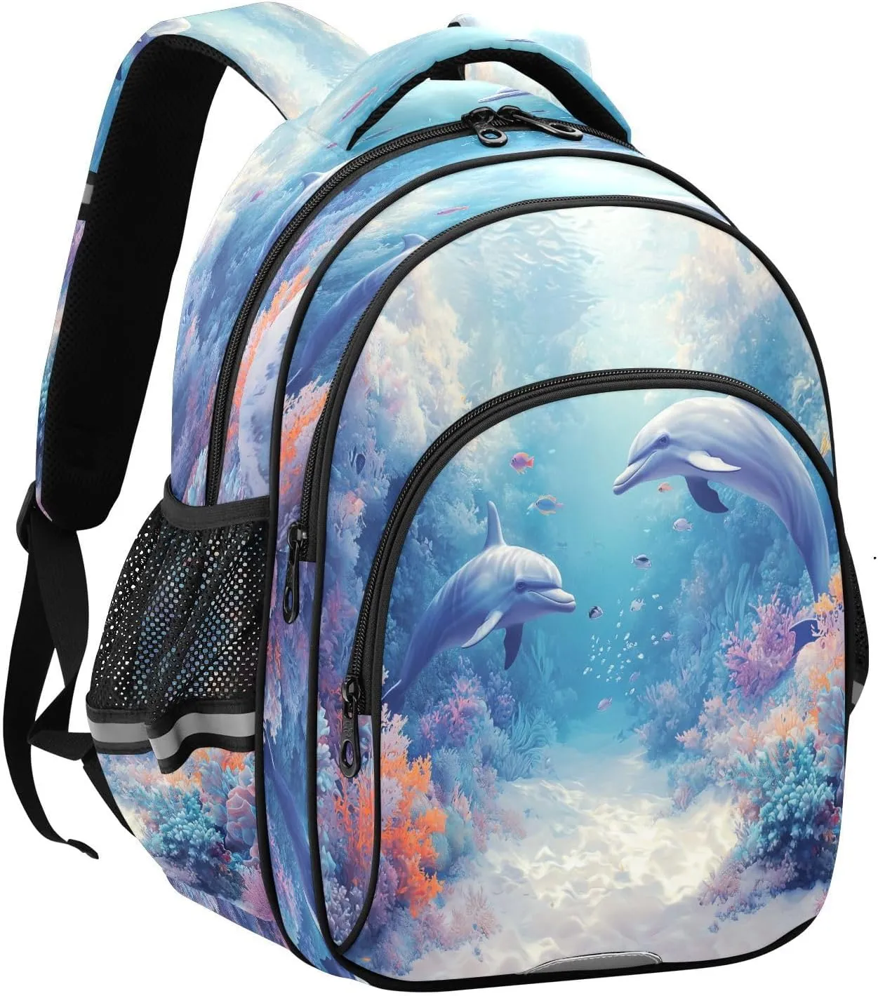 Dolphins Coral Reefs Fish Backpacks Elementary School Shoulder Bag Bookbag for Girls Kids Boys, Small