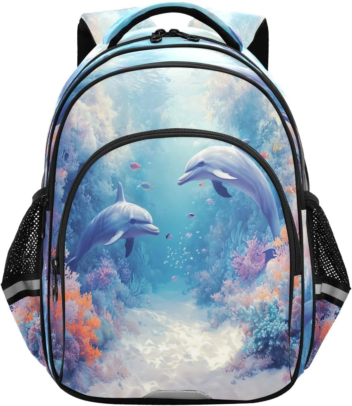 Dolphins Coral Reefs Fish Backpacks Elementary School Shoulder Bag Bookbag for Girls Kids Boys, Small