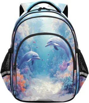 Dolphins Coral Reefs Fish Backpacks Elementary School Shoulder Bag Bookbag for Girls Kids Boys, Small