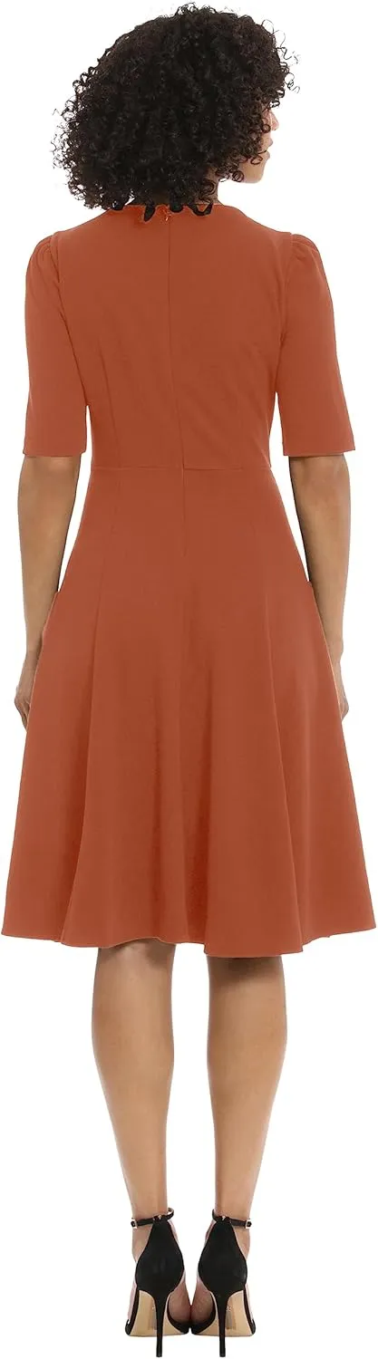 Donna Morgan Women's Stretch Crepe Elbow Sleeve V-Neck Fit and Flare Midi Dress