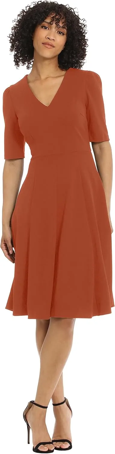 Donna Morgan Women's Stretch Crepe Elbow Sleeve V-Neck Fit and Flare Midi Dress