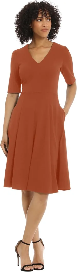 Donna Morgan Women's Stretch Crepe Elbow Sleeve V-Neck Fit and Flare Midi Dress