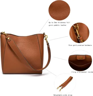 DORIS&JACKY Leather Bucket Tote Bags for Women Designer Shoulder Hobo Purse and Handbags with Detachable Wide Strap