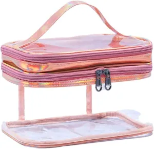 Double Layer Clear Cosmetic Bags Wet and Dry Travel Makeup Bags Waterproof Toiletry Bags for Women (Laser Pink)