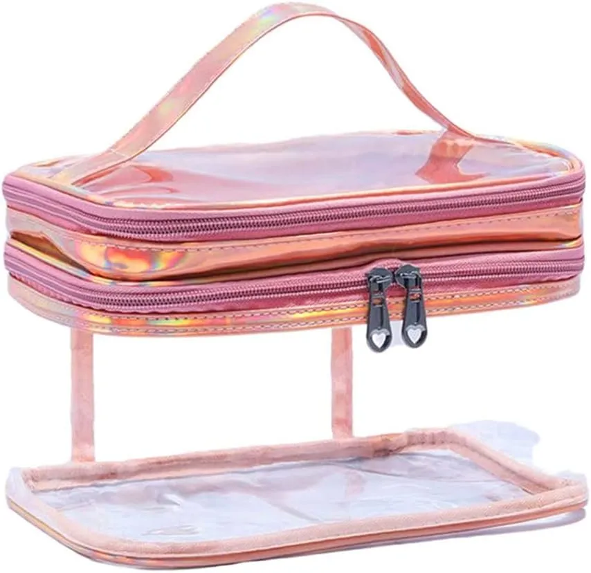 Double Layer Clear Cosmetic Bags Wet and Dry Travel Makeup Bags Waterproof Toiletry Bags for Women (Laser Pink)