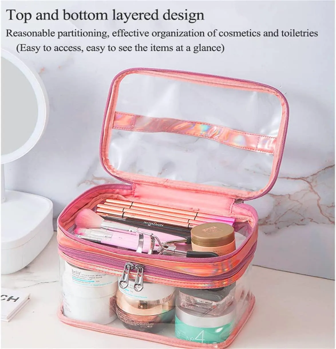 Double Layer Clear Cosmetic Bags Wet and Dry Travel Makeup Bags Waterproof Toiletry Bags for Women (Laser Pink)