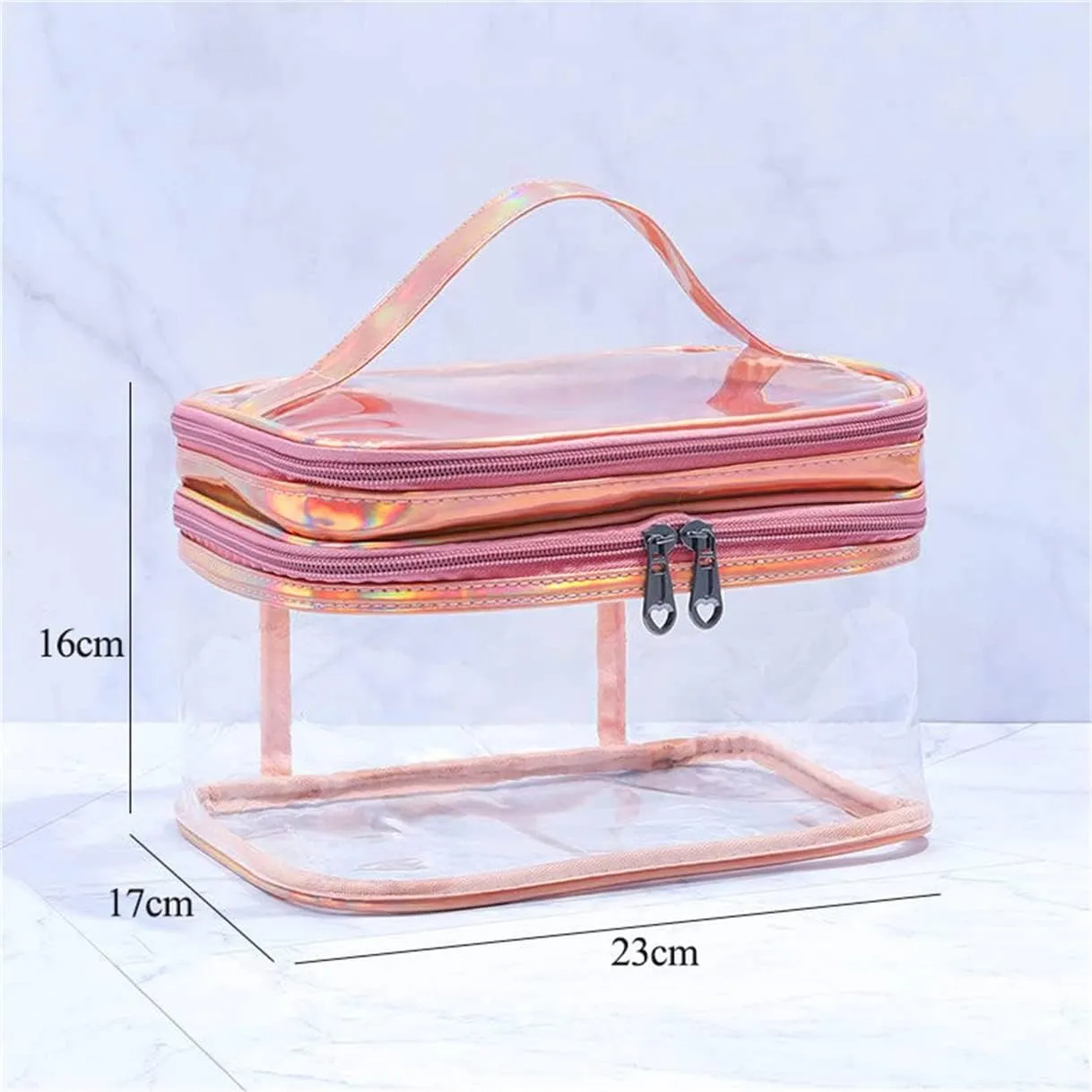Double Layer Clear Cosmetic Bags Wet and Dry Travel Makeup Bags Waterproof Toiletry Bags for Women (Laser Pink)