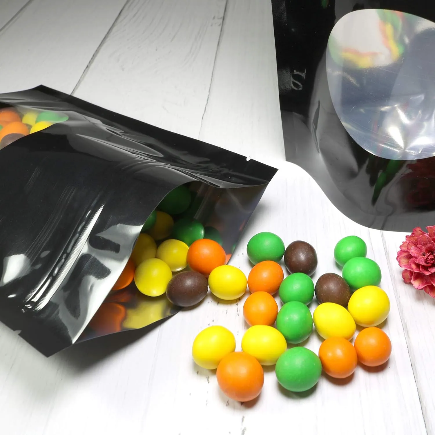 Double-Sided Matte/Glossy Color with Clear Round Window Stand-Up Pouch (100 Bags/Pack) (4.7" x 7.1", Glossy Black)
