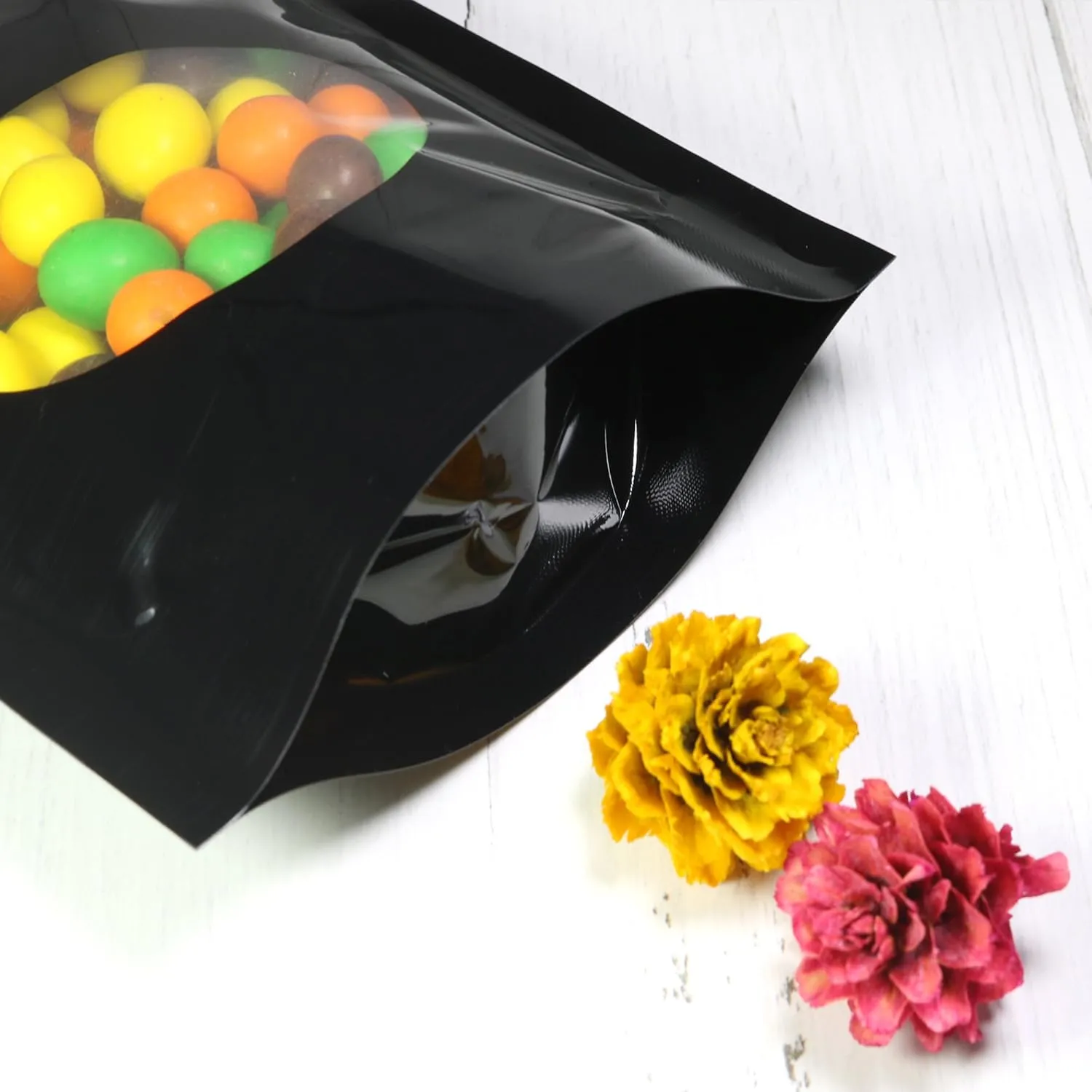 Double-Sided Matte/Glossy Color with Clear Round Window Stand-Up Pouch (100 Bags/Pack) (4.7" x 7.1", Glossy Black)