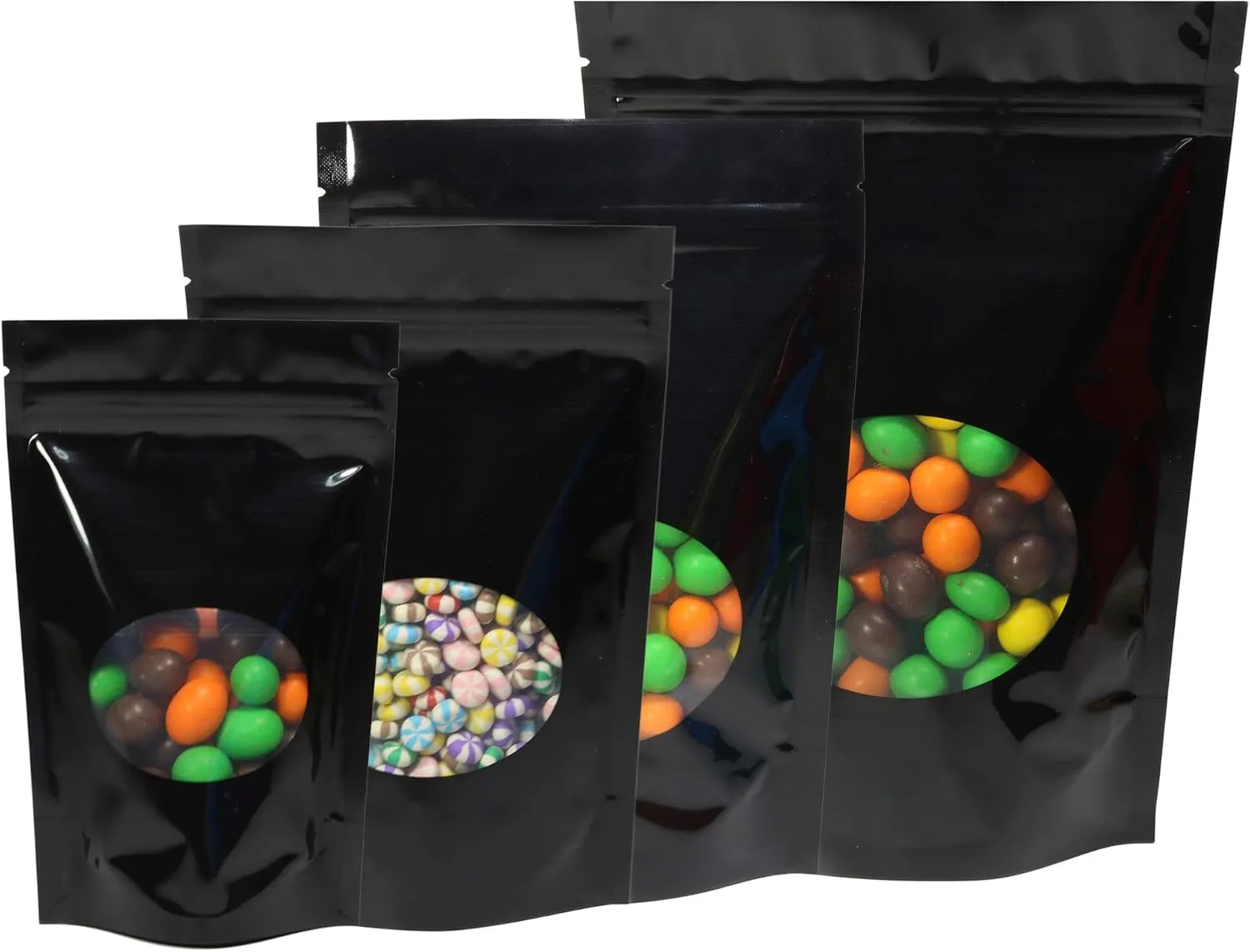 Double-Sided Matte/Glossy Color with Clear Round Window Stand-Up Pouch (100 Bags/Pack) (4.7" x 7.1", Glossy Black)