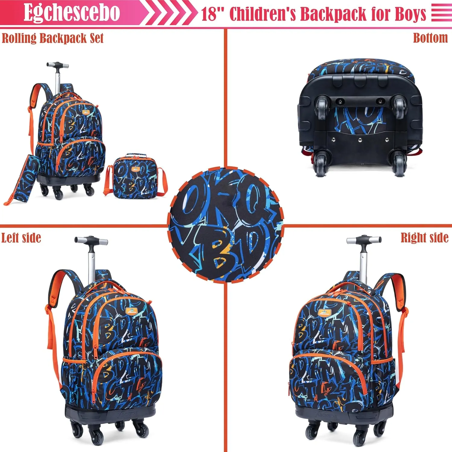 Egchescebo Kids Rolling Backpack for Boys Alphabet Suitcases Trolley Roller Luggage Backpacks with 360° Rotating Wheels 15" Laptop Lunch Box Pencil Case for Elementary 18” Travel School Bag Blue