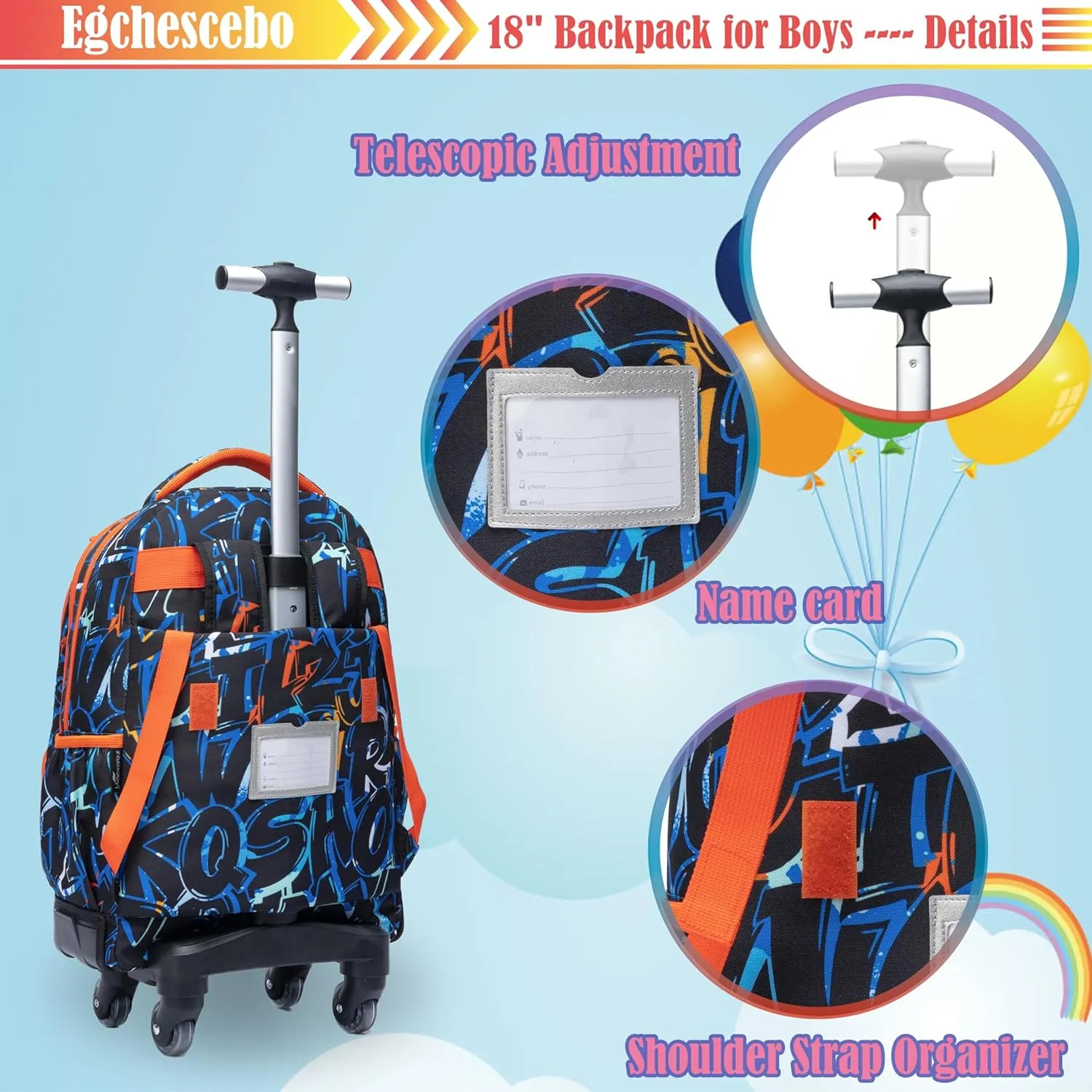 Egchescebo Kids Rolling Backpack for Boys Alphabet Suitcases Trolley Roller Luggage Backpacks with 360° Rotating Wheels 15" Laptop Lunch Box Pencil Case for Elementary 18” Travel School Bag Blue