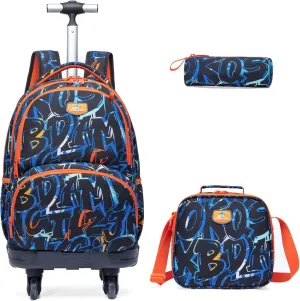 Egchescebo Kids Rolling Backpack for Boys Alphabet Suitcases Trolley Roller Luggage Backpacks with 360° Rotating Wheels 15" Laptop Lunch Box Pencil Case for Elementary 18” Travel School Bag Blue