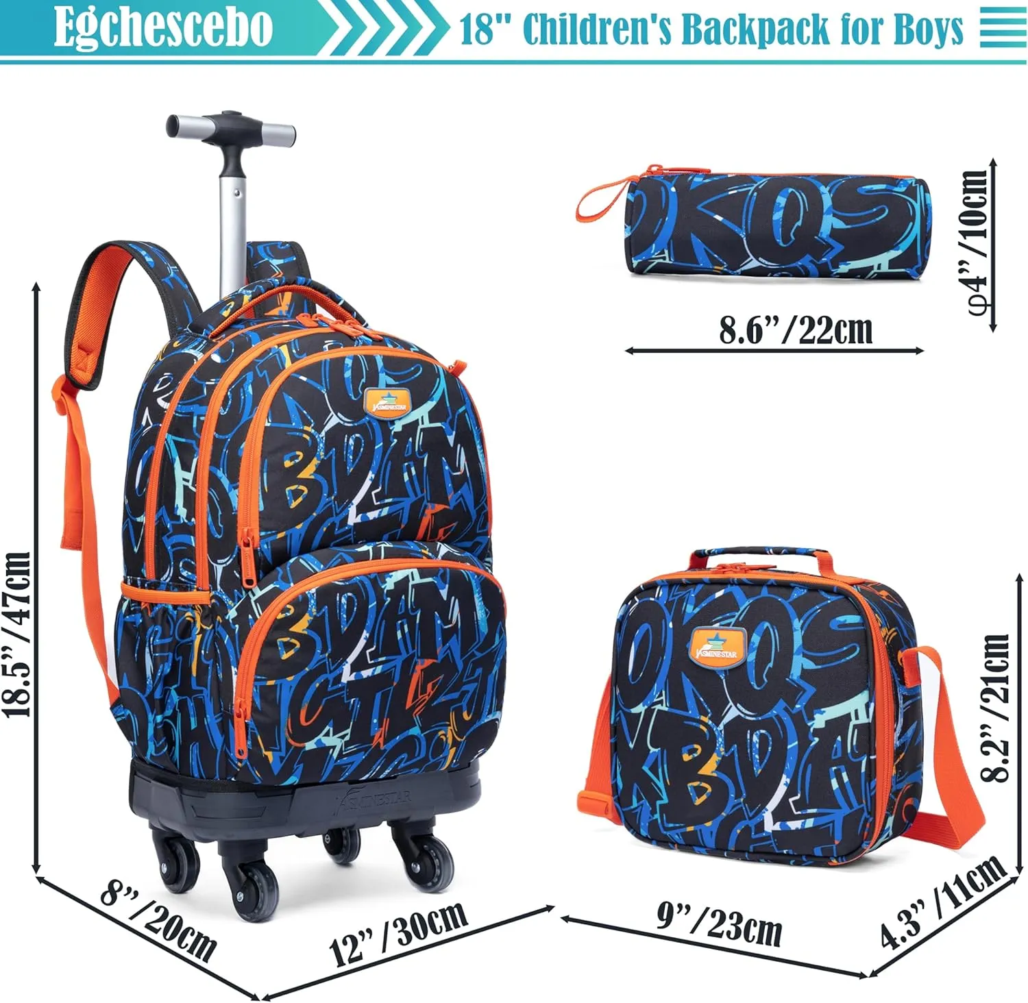 Egchescebo Kids Rolling Backpack for Boys Alphabet Suitcases Trolley Roller Luggage Backpacks with 360° Rotating Wheels 15" Laptop Lunch Box Pencil Case for Elementary 18” Travel School Bag Blue