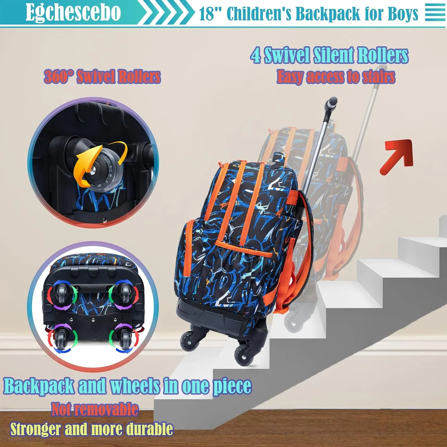 Egchescebo Kids Rolling Backpack for Boys Alphabet Suitcases Trolley Roller Luggage Backpacks with 360° Rotating Wheels 15" Laptop Lunch Box Pencil Case for Elementary 18” Travel School Bag Blue