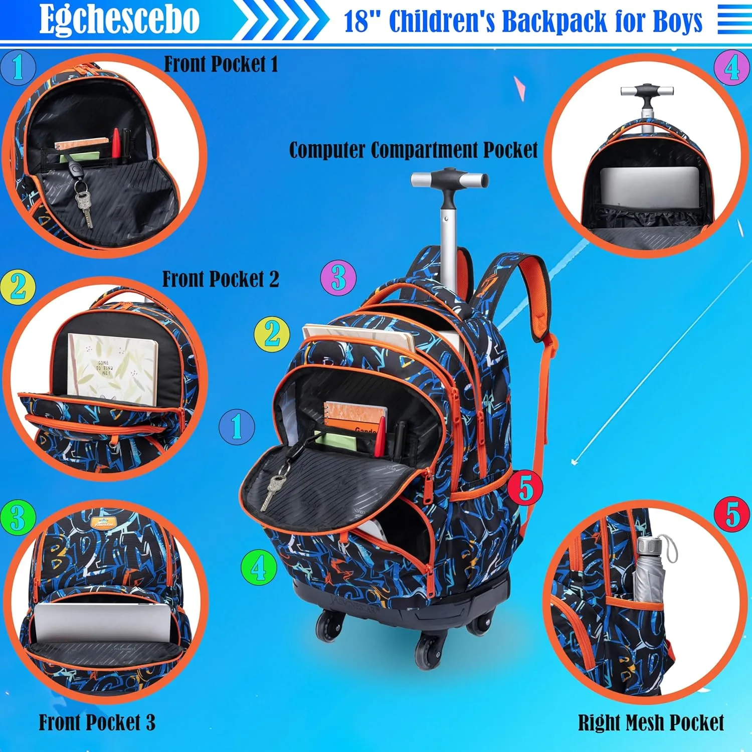 Egchescebo Kids Rolling Backpack for Boys Alphabet Suitcases Trolley Roller Luggage Backpacks with 360° Rotating Wheels 15" Laptop Lunch Box Pencil Case for Elementary 18” Travel School Bag Blue