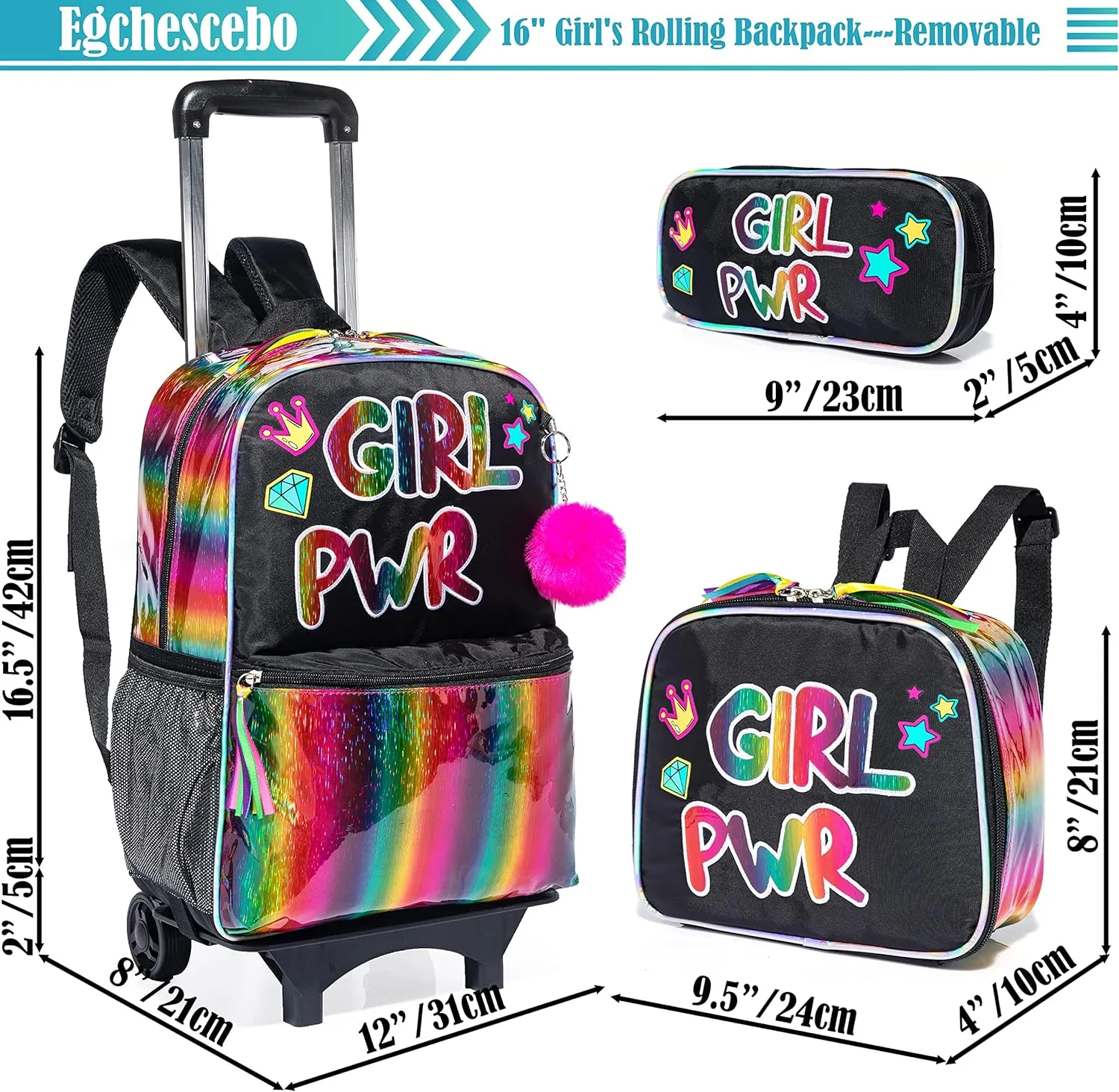 Egchescebo kids Rolling Kid Travel Toddler Duffle Bag Detachable Backpack for Girls Carry on Luggage Roller Computer Suitcase with Pencil Case and Lunch Box Wheels Wheeled Backpacks Girls Black