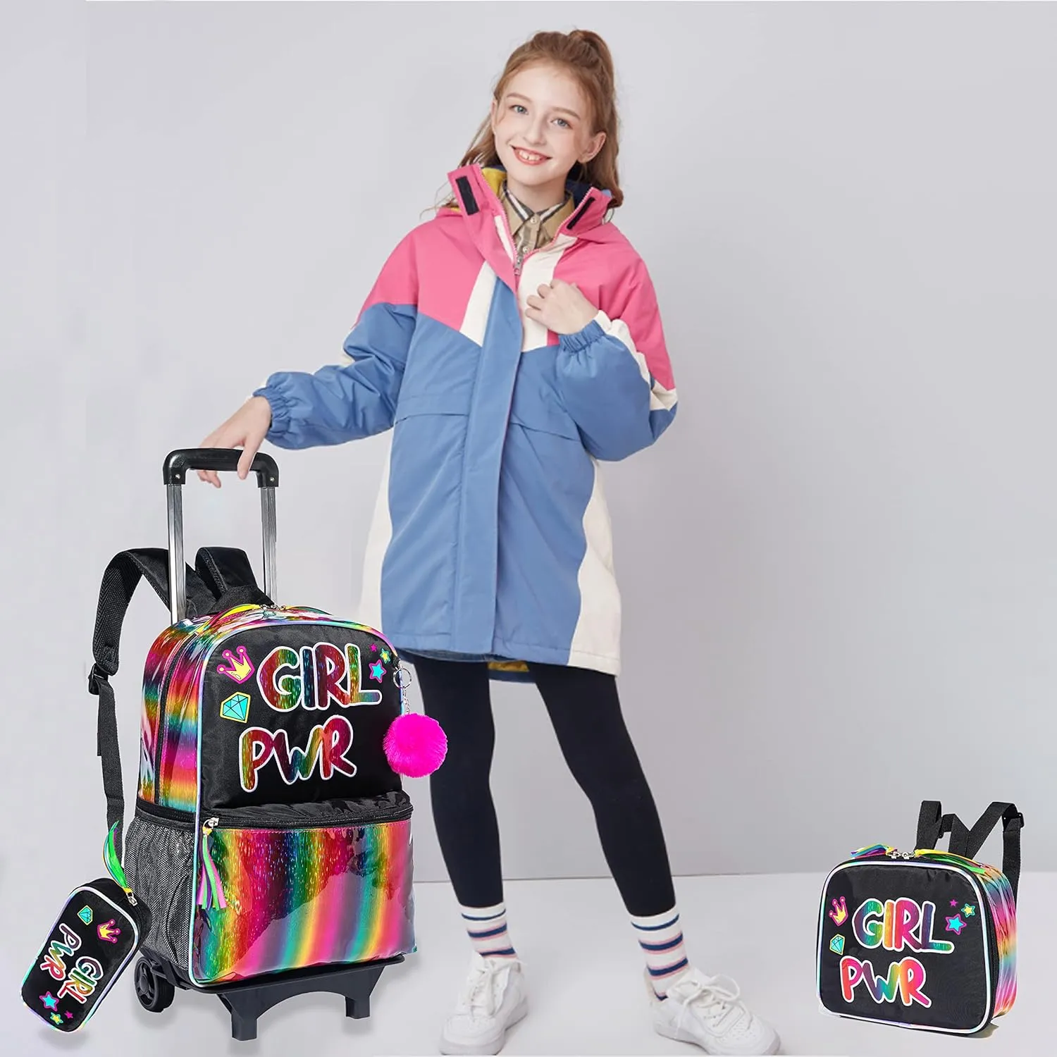 Egchescebo kids Rolling Kid Travel Toddler Duffle Bag Detachable Backpack for Girls Carry on Luggage Roller Computer Suitcase with Pencil Case and Lunch Box Wheels Wheeled Backpacks Girls Black