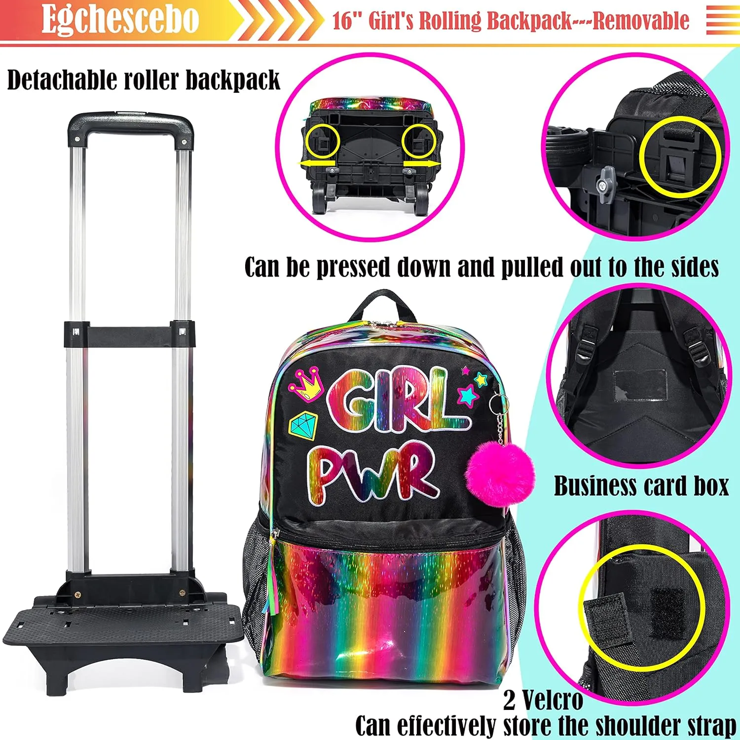 Egchescebo kids Rolling Kid Travel Toddler Duffle Bag Detachable Backpack for Girls Carry on Luggage Roller Computer Suitcase with Pencil Case and Lunch Box Wheels Wheeled Backpacks Girls Black